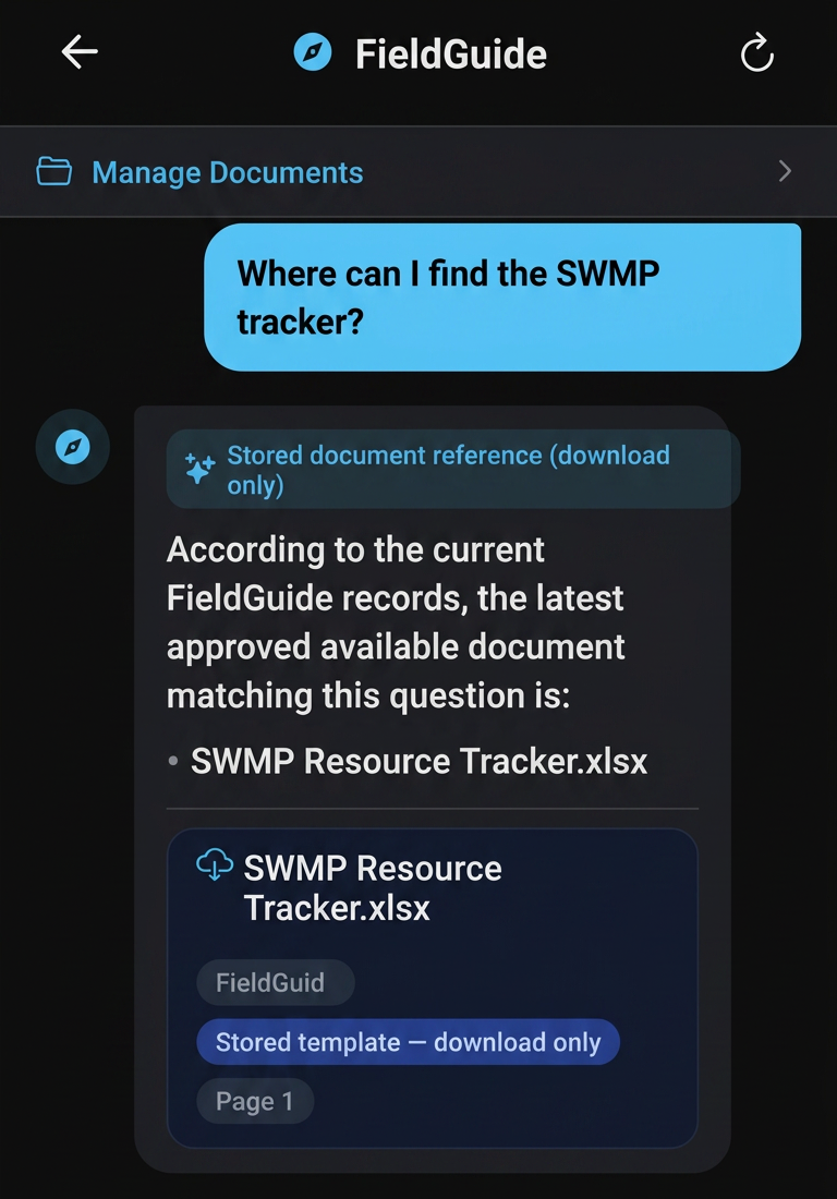 FieldGuide answering 'Where can I find the SWMP tracker?' with an SWMP Resource Tracker.xlsx source card attached.