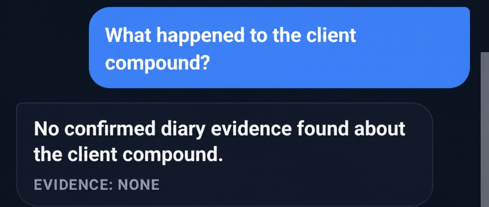 Insights responding 'No confirmed diary evidence found about the client.' with an EVIDENCE: NONE label.