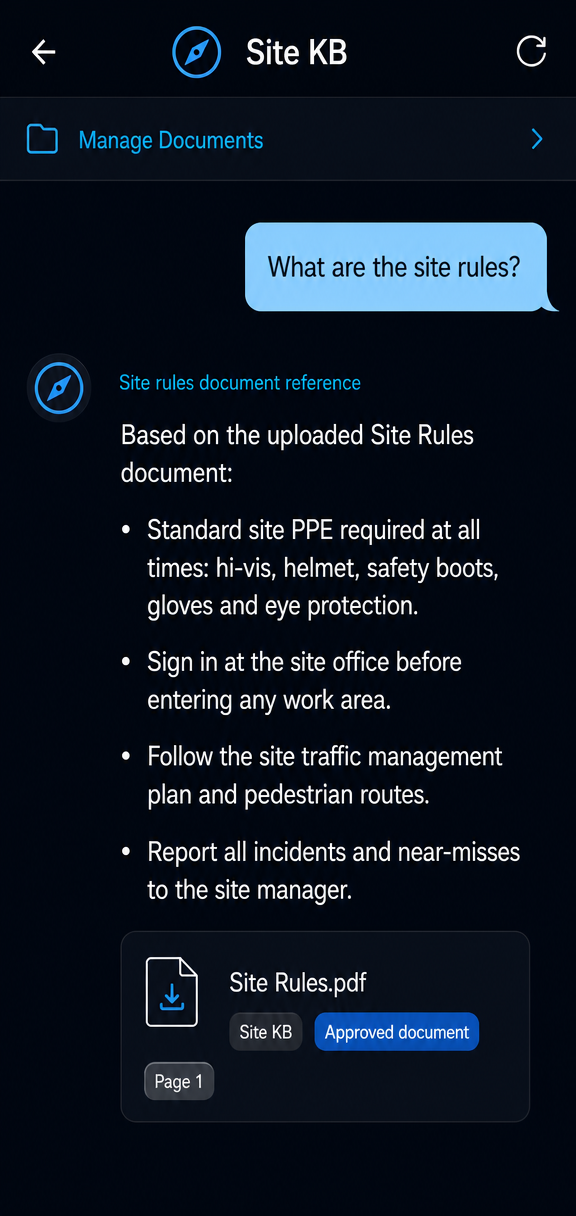 Site KB answering 'What are the site rules?' with a Site Rules.pdf source card attached.